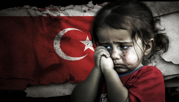Verzweiflung und Traurigkeit über das Erdbeben in der Türkei, ein kleines Kind ist traurig und weint.