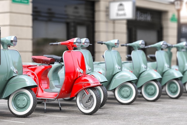 Vespa del ciclomotor del vintage en fila en un estacionamiento de la ciudad