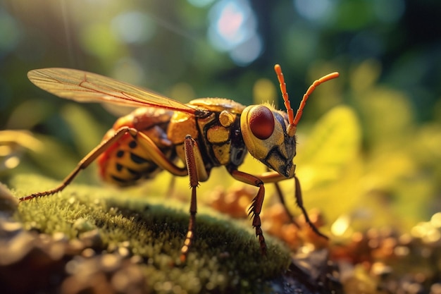 Vespa de close-up e inseto voador em florestas naturais para a sustentabilidade da floresta selvagem e inseto gerado por AI