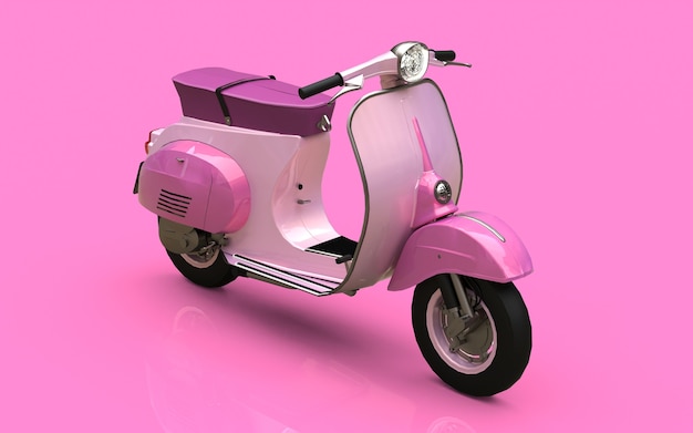 Vespa rosa europea vintage sobre un fondo rosa. Representación 3D.