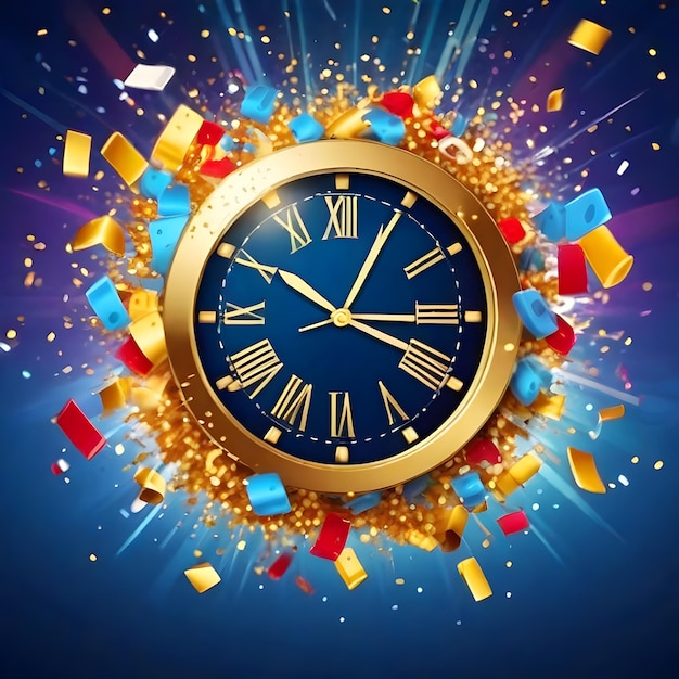 Véspera de Ano Novo Relógio dinâmico marcando a meia-noite com explosões de fundo de confete AI Gerar
