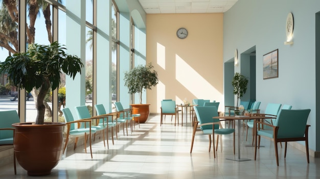 Vestíbulo blanco del hospital con una puerta y sillas blancas para los pacientes que esperan la visita del médico Un cartel