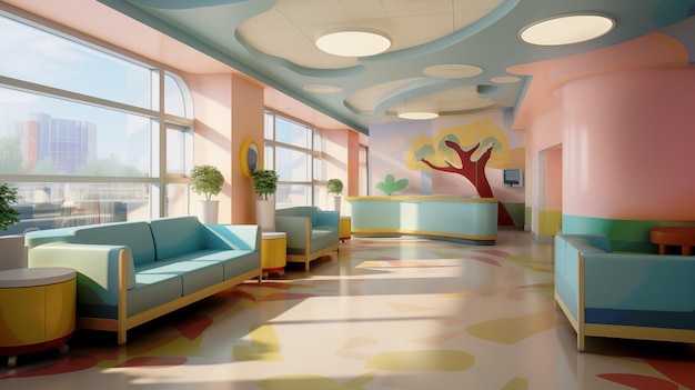 El vestíbulo de colores brillantes de la clínica infantil con sofás y mesas