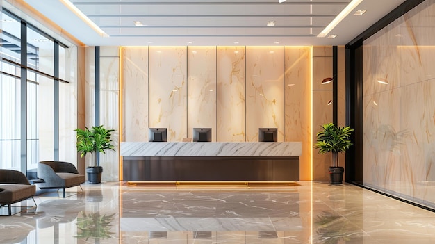 El vestíbulo del hotel cuenta con un elegante mostrador de recepción e interiores modernos Comfort minimalismo azulejos recepción de mármol salón principal de lujo Concepto de imagen publicitaria para hoteles Generado por IA