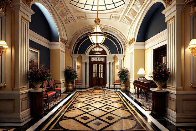 Vestíbulo del hotel con grandes puertas de entrada y amplios pisos de mármol creados con aire acondicionado generativo