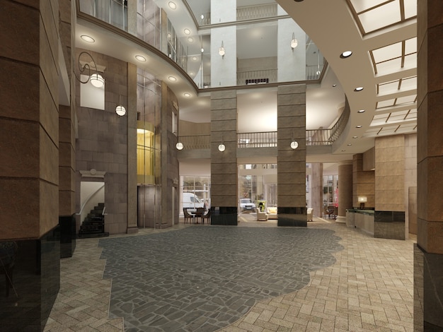 Vestíbulo del hotel moderno con espacios interiores de varios niveles y balcones. El interior del lobby del hotel en un estilo clásico. Representación 3D.