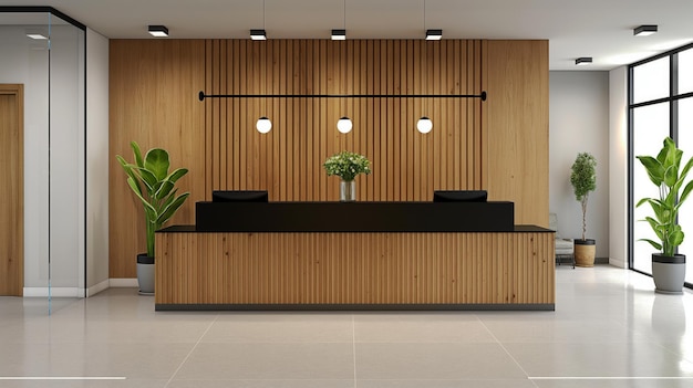 El vestíbulo moderno de la oficina con paredes de paneles de madera un elegante escritorio de recepción y plantas decorativas