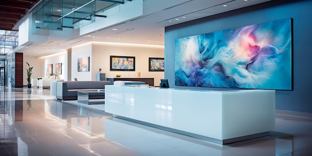 Vestíbulo de oficina corporativa elegante y moderno con decoración minimalista, un gran mostrador de recepción e instalaciones de arte contemporáneo. IA generativa
