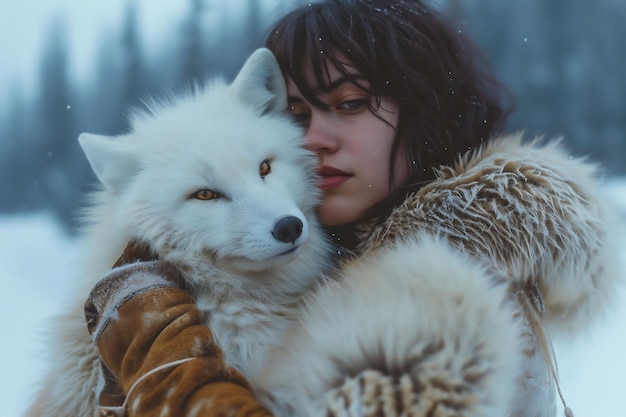 Foto vestida com um casaco de pelagem, uma mulher segura uma raposa branca olhando de perto para a câmera contra uma paisagem invernal esta imagem fala sobre temas de conexão com a natureza e compaixão