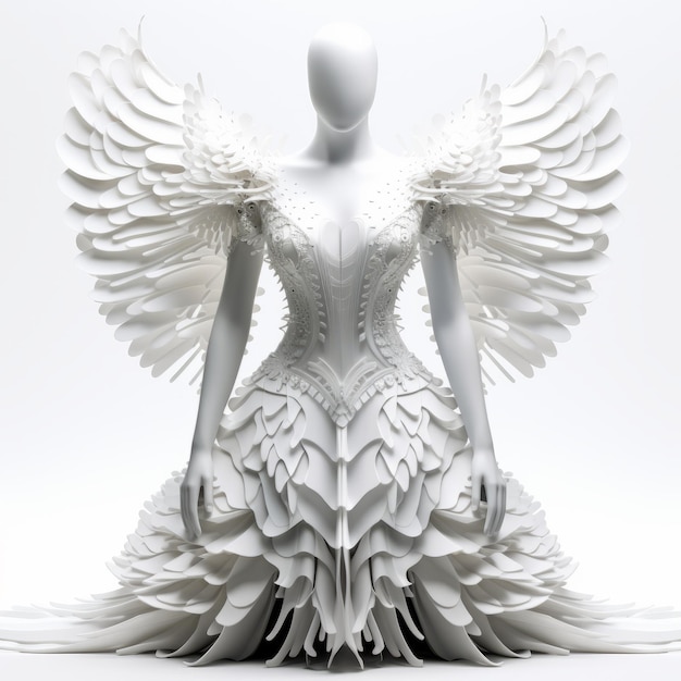 Vestido en 3D con fondo blanco en homenaje a la Srta. Aniela y Alexander McQueen