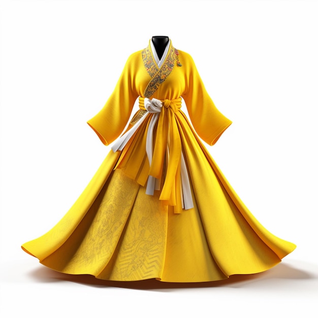 Vestido amarelo Arafed com uma faixa branca e uma fita branca generativa ai