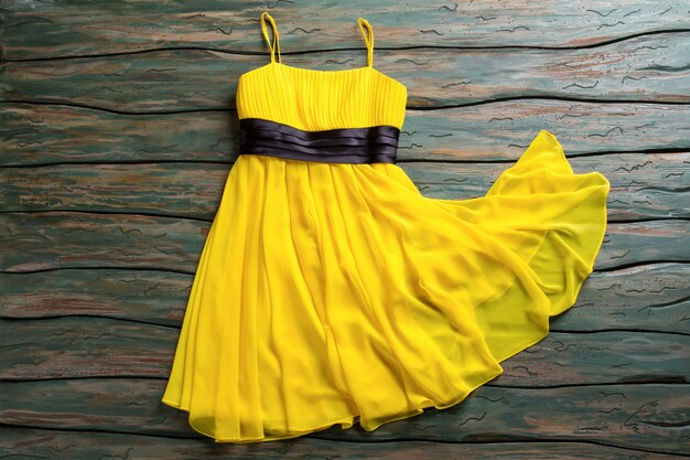 Vestido amarillo casual con tirantes. Inserción negra en prenda amarilla. Vestido acostado sobre la mesa verde. Tejido ligero y diseño sencillo.