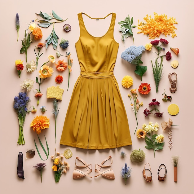 Un vestido amarillo con un vestido amarillo se muestra con flores.