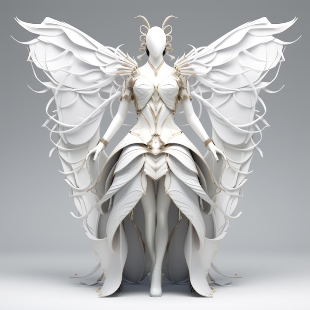 Vestido de ángel futurista y alas modelo 3d estilo de follaje intrincado