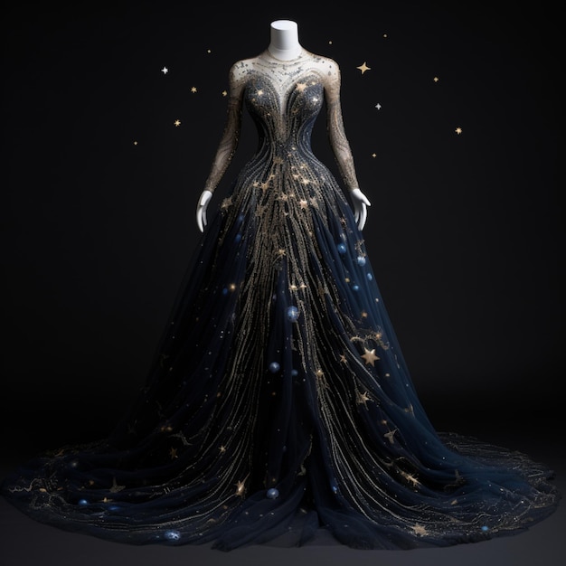 vestido arafado con estrellas doradas y una falda azul transparente generativo ai