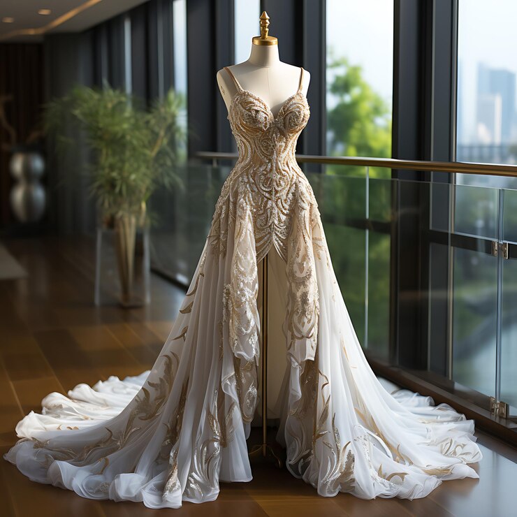 vestido arafado en un soporte de maniquí en una habitación