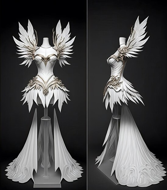 Vestido blanco angelical con detalles de plumas IA generativa