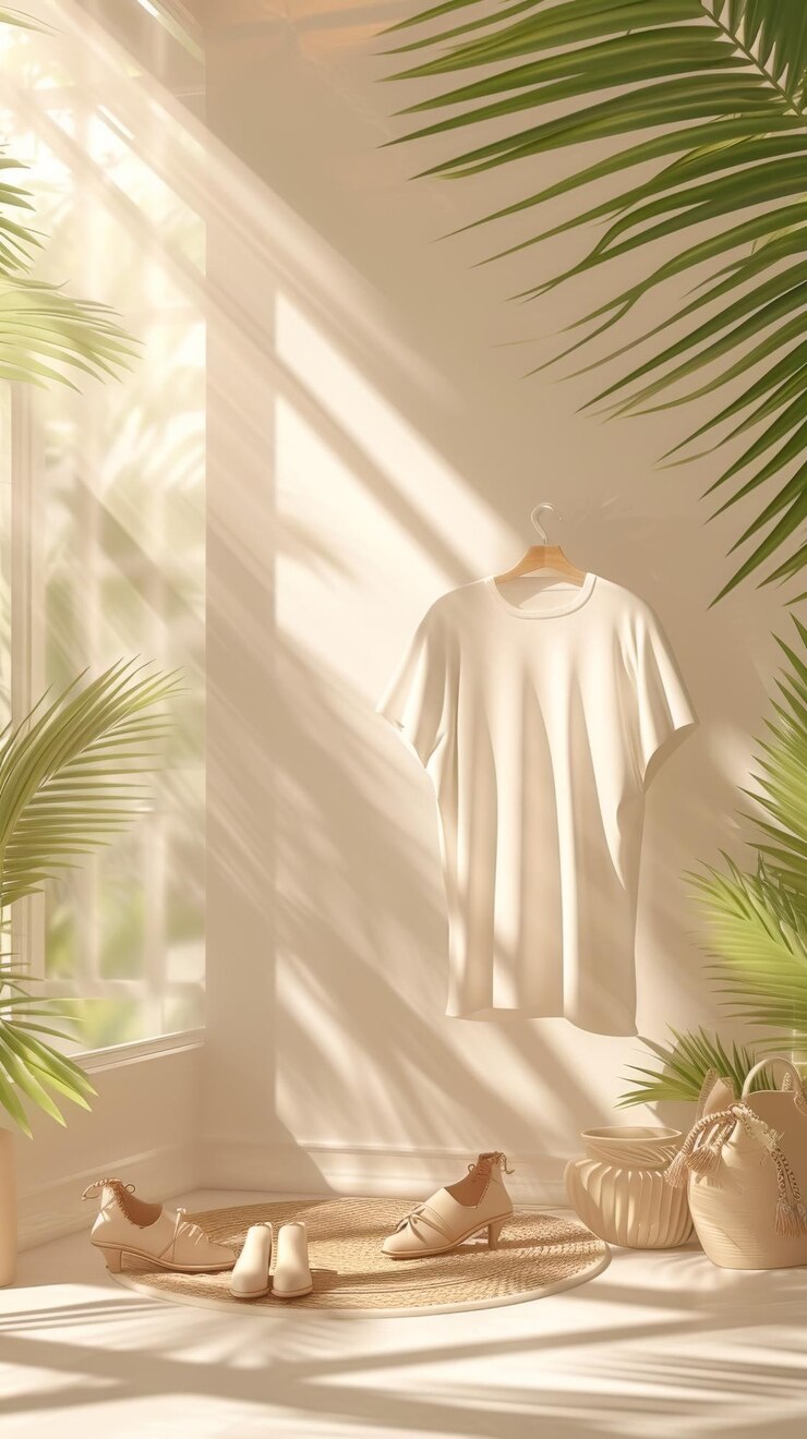 Un vestido blanco colgado en un colgante frente a una ventana con una palmera en el b