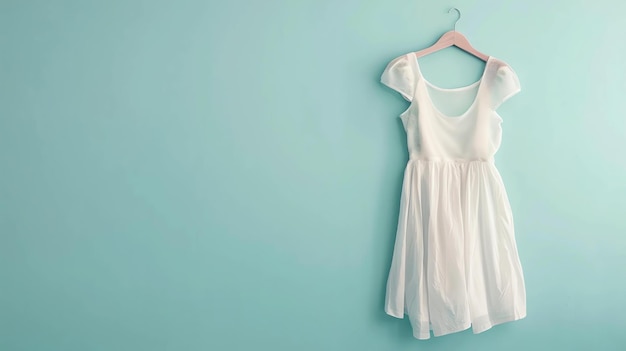 Vestido blanco colgando sobre un fondo azul El vestido está hecho de una tela ligera y tiene una falda completa