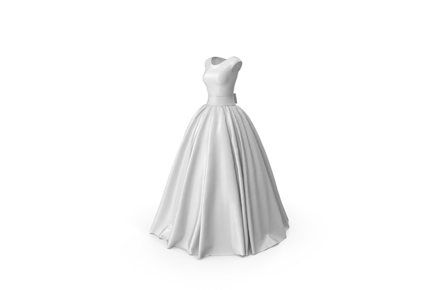 Un vestido blanco con una falda larga sobre un fondo blanco.