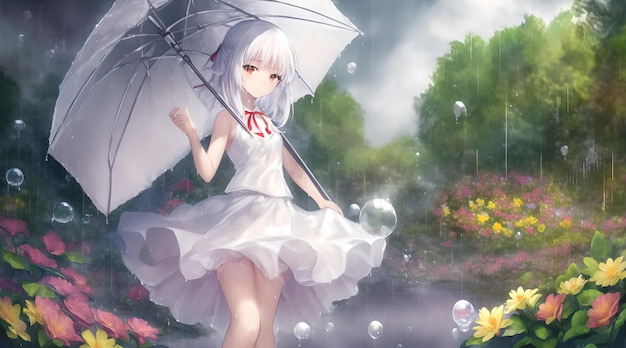 Vestido branco claro sexy anime japonês sob o guarda-chuva