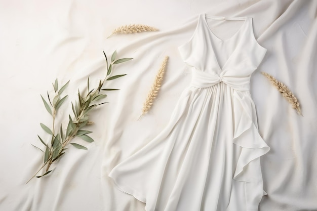 Vestido branco elegante Composição plana sobre fundo cinzento