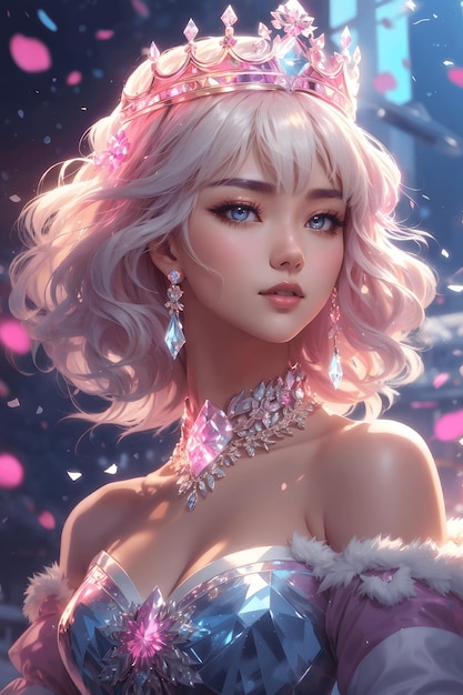 Vestido coreano de fantasia de inverno rosa brilhante e coroa gelada