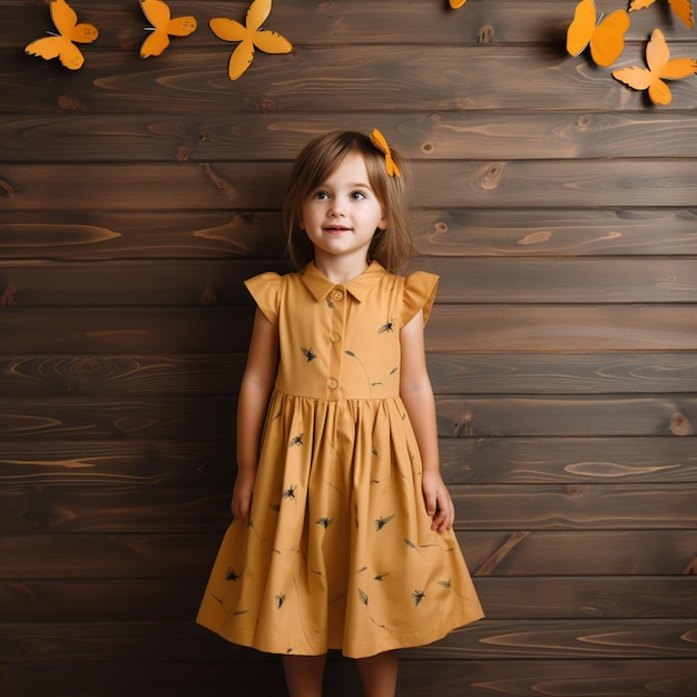 Vestido de criança em modelo de fundo de madeira