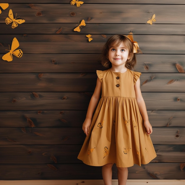 Vestido de criança em modelo de fundo de madeira