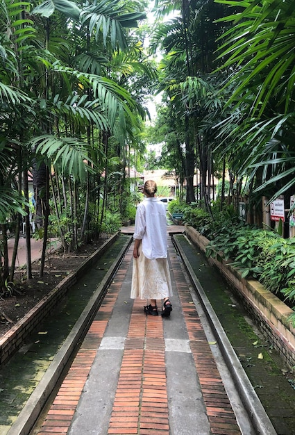 Vestido de menina de volta na rua tropical