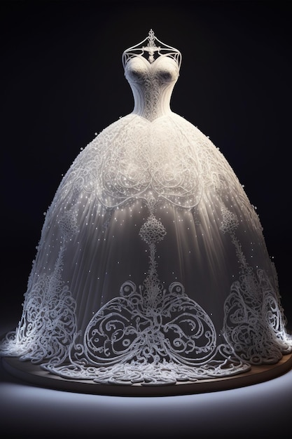 Vestido de noiva branco sentado em cima de uma mesa generativa ai