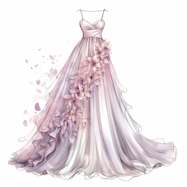 vestido de noiva chiffon floral asfódelo Lápis aquarela