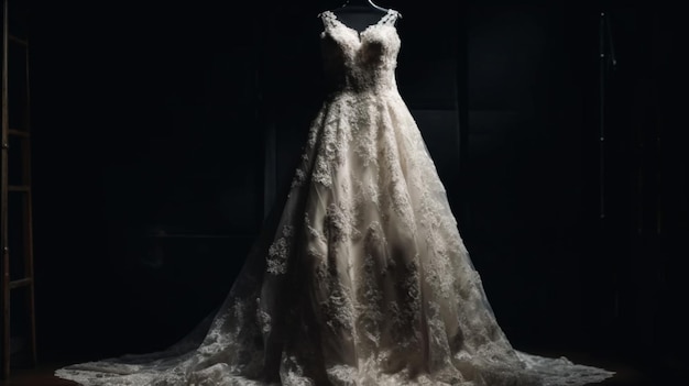 Vestido de noiva em um manequim em um quarto escuro generative ai