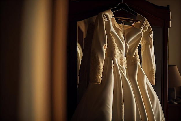 Vestido de noiva pendurado em um cabide em um quarto de hotel generative ai