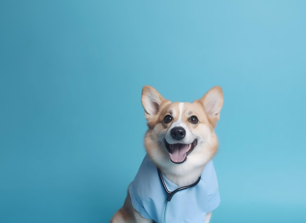 vestido de doctor de perro sonriente sobre fondo azul aislado
