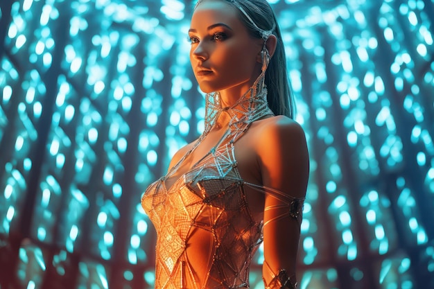 Vestido de encaje futurista Mujer en luz LED Imagen de ilustración hermosa AI generativa