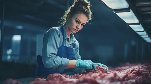 Vestido con equipo de seguridad y guantes, una mujer en una carnicería muele carne picada en un molinillo de carne.