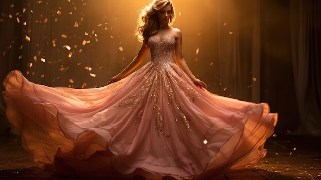 El vestido es rosa y dorado.