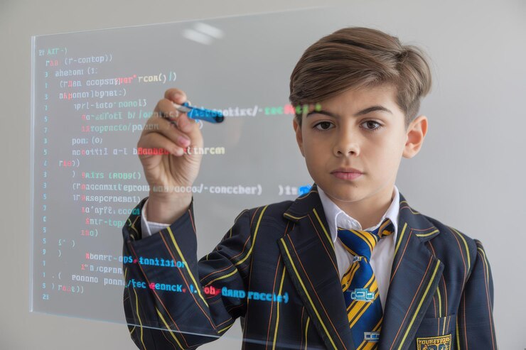 Foto vestido formal de niño joven codificación pantalla de vidrio tecnología de compromiso juvenil educación