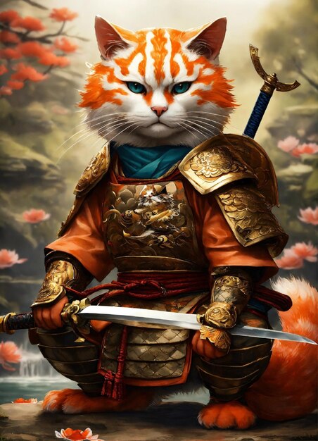 Foto vestido de gato samurai