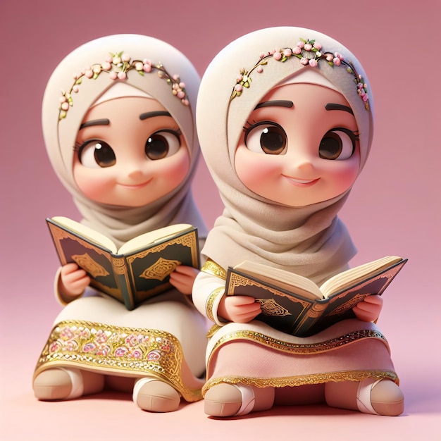 Vestido islámico sonriente Niña animada en 3D leyendo el Corán