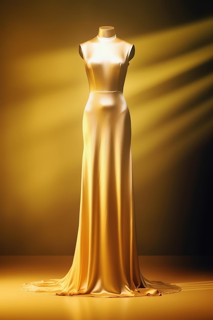 Vestido largo de noche dorado de moda en maniquí AI generativa