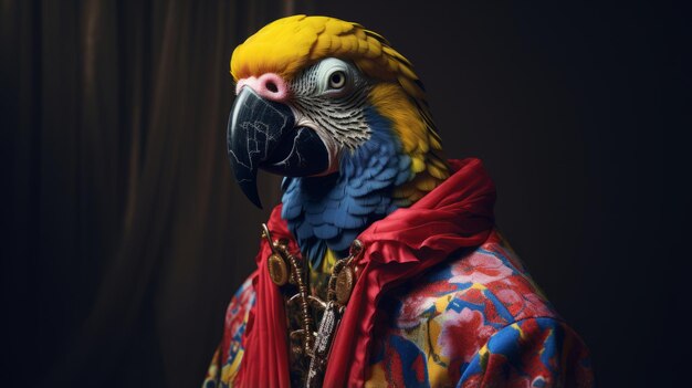 Vestido de loro colorido Un estudio hiperrealista de aves en el retrato barroco