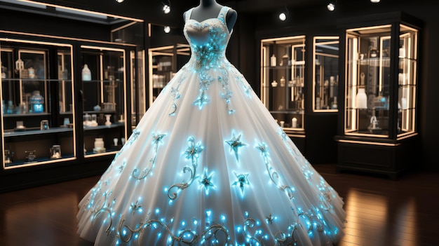 un vestido con luces azules se muestra en una tienda