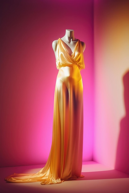 Vestido maxi de vestido de noite dourado em manequim Generative AI