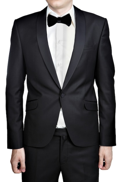 Vestido de noche gris oscuro para hombre; chaqueta de sport; Camisa blanca; corbata de moño; aislado sobre fondo blanco.