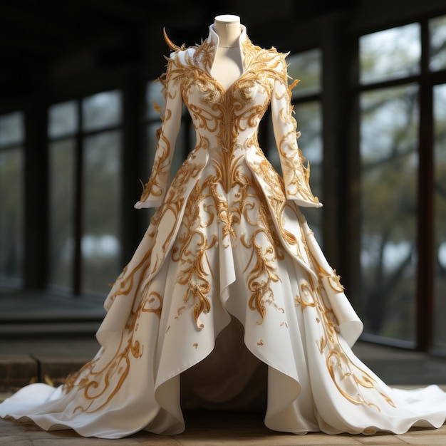 un vestido de novia blanco y dorado sobre un maniquí