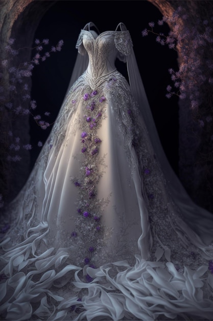 Vestido de novia blanco con flores moradas en él ai generativo.