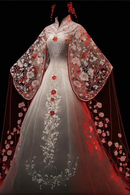 Vestido de novia blanco con flores rojas en él ai generativo.