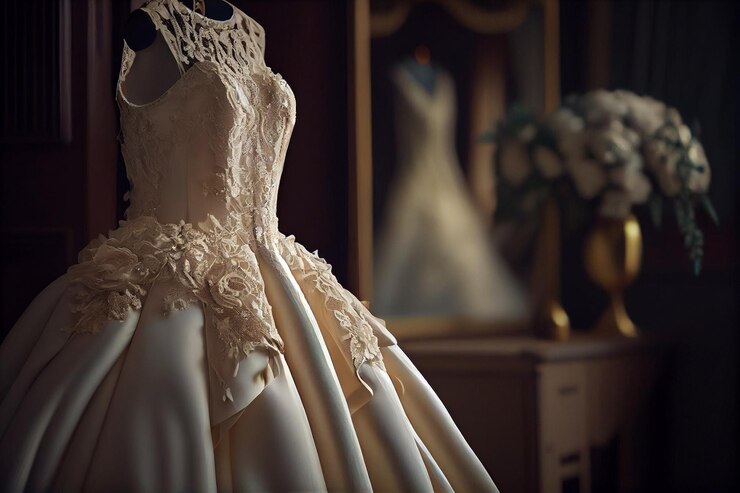 Vestido de novia colgado en una percha en una habitación de hotel ai generativo